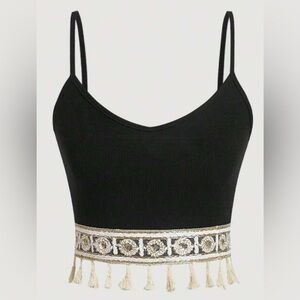 Black Crop Top with Tassel Trim